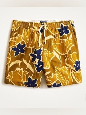 J. Crew Men's Mustard Floral Drawstring Shorts with Navy Flowers